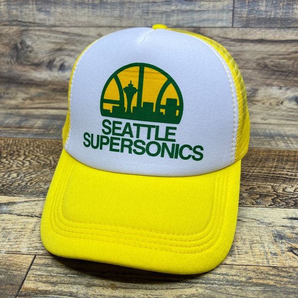 Seattle Supersonics Mens Trucker Hat Yellow Snapback 1975 Logo Basketball Cap - Picture 1 of 8